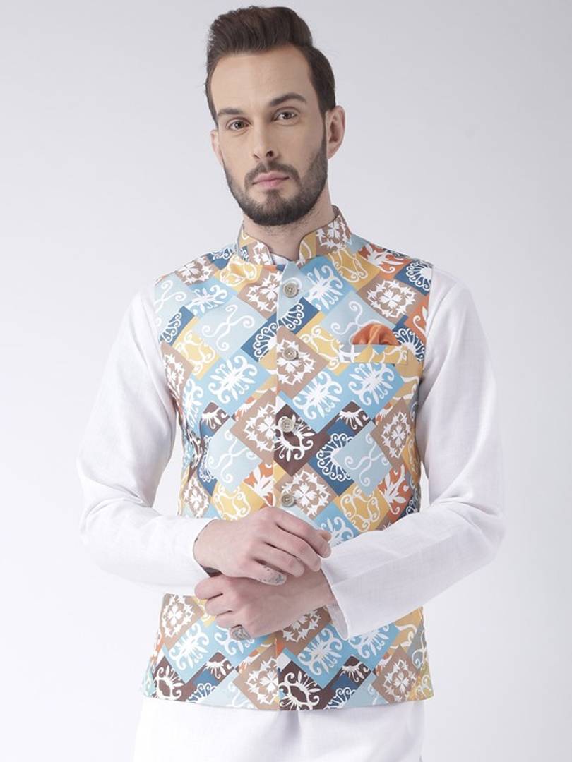 Men's Multicoloured 
Cotton Blend
 Printed Nehru Jackets